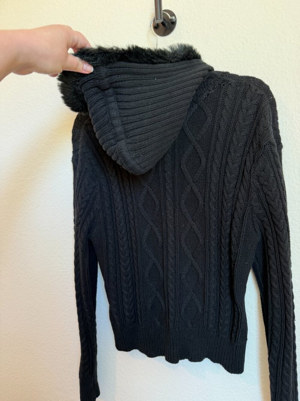 Vintage Y2K DCC Knits Black Cable Knit Hooded Sweater Faux Fur Trim Zip Jacket M - Picture 6 of 6